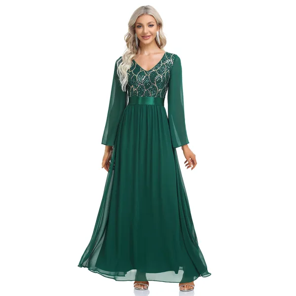 Chic / Beautiful Dark Green Sequins Evening Dresses 2023 A-Line / Princess V-Neck Long Sleeve Chiffon Sash Floor-Length / Long Evening Party Formal Dresses