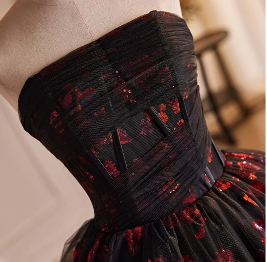 Elegant Burgundy Sequins Flower Prom Dresses 2024 Ball Gown Strapless Sleeveless Backless Floor-Length / Long Prom Formal Dresses