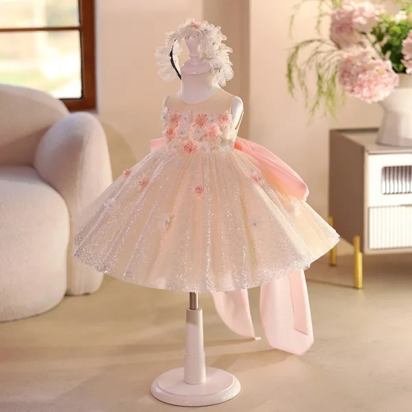 Bling Bling Champagne Appliques Pearl Sequins Birthday Flower Girl Dresses 2025 Ball Gown Scoop Neck Bow Sleeveless Short