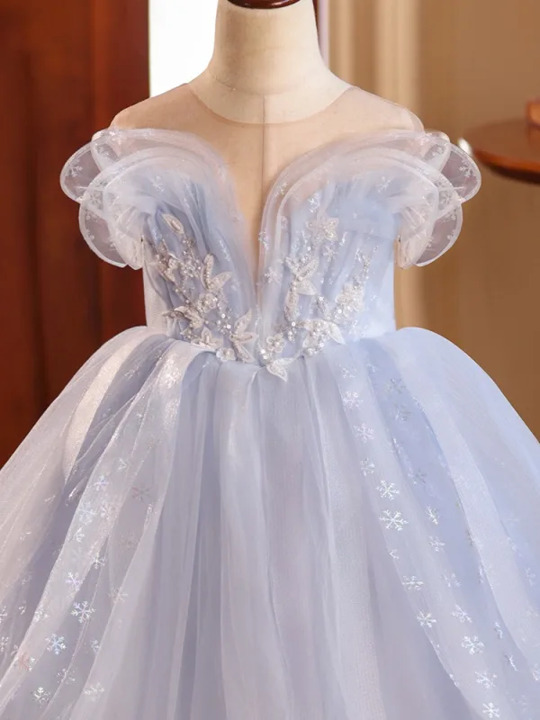 Chic / Beautiful Sky Blue Beading Cascading Ruffles Birthday Flower Girl Dresses 2024 Ball Gown Scoop Neck Sleeveless Backless Floor-Length / Long