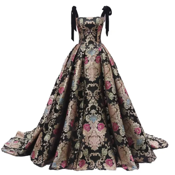 Vintage / Retro Black Printing Satin Prom Dresses 2024 Ball Gown Spaghetti Straps Sleeveless Backless Court Train Prom Formal Dresses