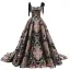 Vintage / Retro Black Printing Satin Prom Dresses 2024 Ball Gown Spaghetti Straps Sleeveless Backless Court Train Prom Formal Dresses