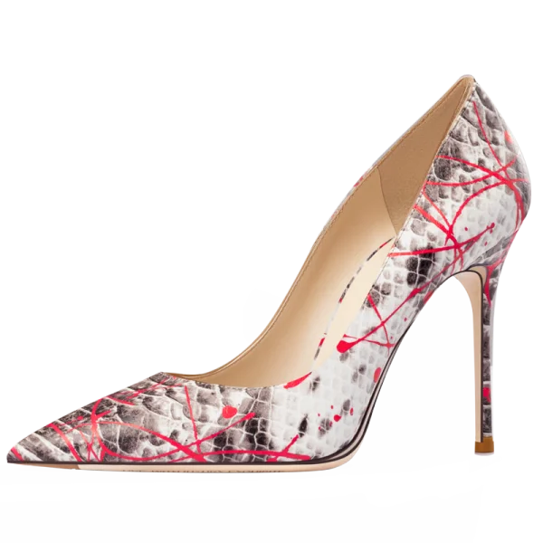 Mote Multi-Farger Lær Slangeskinn Print Aften Pumps 2023 10 cm Stiletthæler Spisse Pumps Høyhælte