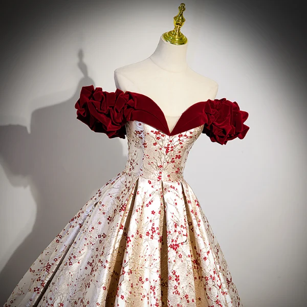 Fashion Burgundy Floral Prom Dresses 2023 Ball Gown Ruffle Off-The-Shoulder Short Sleeve Fashion Burgundy Floral Prom Dresses 2023 Ball Gown Ruffle Off-The-Shoulder Short Sleeve