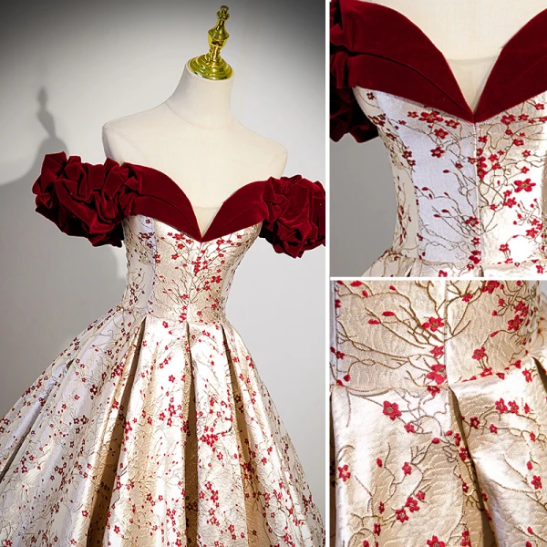Fashion Burgundy Floral Prom Dresses 2023 Ball Gown Ruffle Off-The-Shoulder Short Sleeve Backless Floor-Length / Long Prom Formal Dresses
