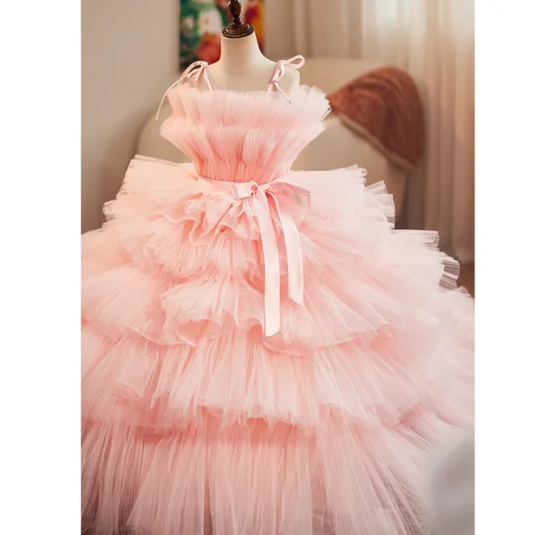 Fashion Blushing Pink Cascading Ruffles Birthday Flower Girl Dresses 2025 Ball Gown Spaghetti Straps Sleeveless Backless Bow Sash Court Train