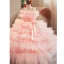 Fashion Blushing Pink Cascading Ruffles Birthday Flower Girl Dresses 2025 Ball Gown Spaghetti Straps Sleeveless Backless Bow Sash Court Train
