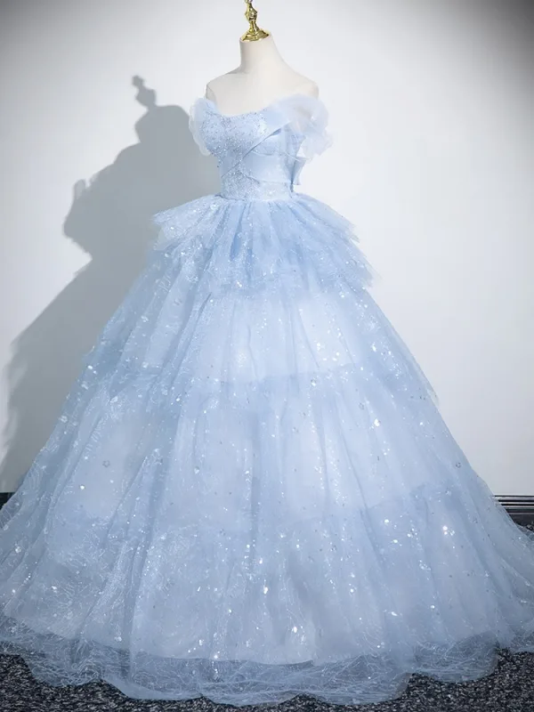 Bling Bling Sky Blue Glitter Sequins Prom Dresses 2025 Ball Gown Strapless Sleeveless Backless Floor-Length / Long Prom Formal Dresses