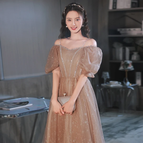 Charming Champagne Sequins Evening Dresses 2022 A-Line / Princess Off-The-Shoulder Rhinestone Short Sleeve Backless Floor-Length / Long Evening Party Formal Dresses