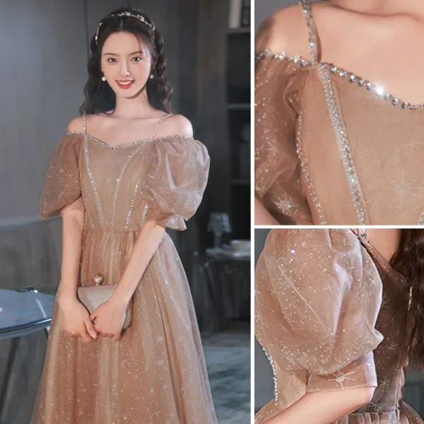 Charming Champagne Sequins Evening Dresses 2022 A-Line / Princess Off-The-Shoulder Rhinestone Short Sleeve Backless Floor-Length / Long Evening Party Formal Dresses
