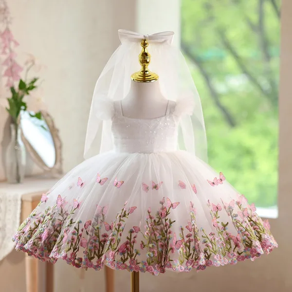 Flower Fairy White Butterfly Appliques Embroidered Birthday Flower Girl Dresses 2026 Ball Gown Square Neckline Sleeveless Backless Short