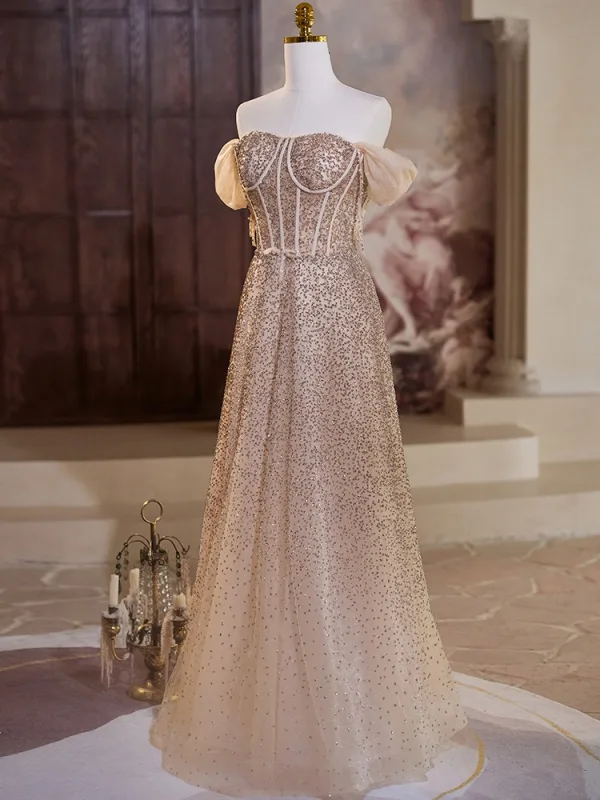 Bling Bling Champagne Beading Sequins Prom Dresses 2024 A-Line / Princess Off-The-Shoulder Short Sleeve Backless Floor-Length / Long Prom Formal Dresses