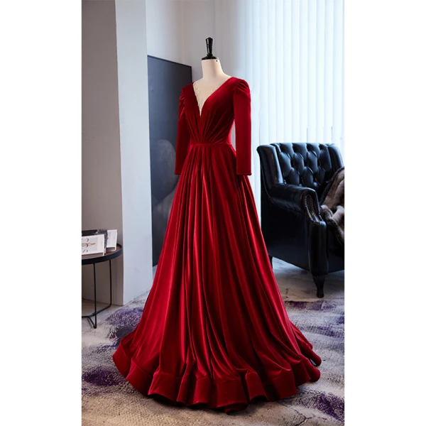 Simple Bordeaux Daim Velour Robe De Bal 2023 Princesse Encolure Dégagée Perlage Paillettes 3/4 Manches Longue Promo Robe De Ceremonie