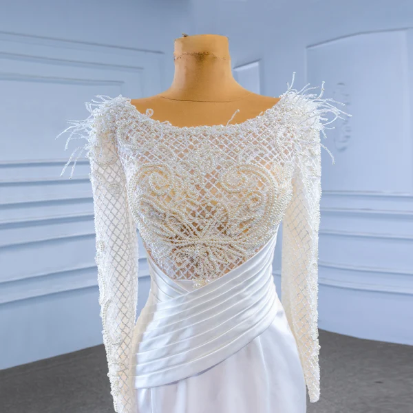 High End Ivory / Creme Perlenstickerei Perle Quaste Brautkleider / Hochzeitskleider 2023 Meerjungfrau Rundhalsausschnitt Lange Ärmel Sweep / Pinsel Zug Hochzeit