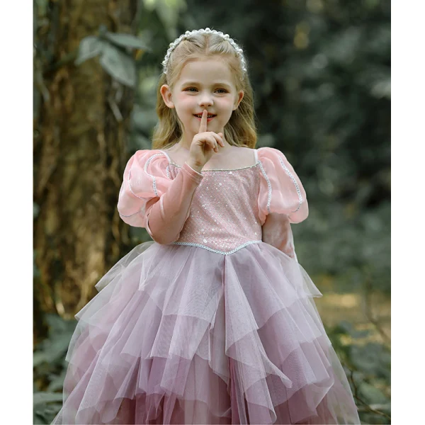 Charmant Rougissant Rose Faux Diamant Paillettes Volants en Cascade Anniversaire Robe Ceremonie Fille 2023 Princesse Encolure Carrée Manches Courtes Thé Longueur Robe Ceremonie Fille