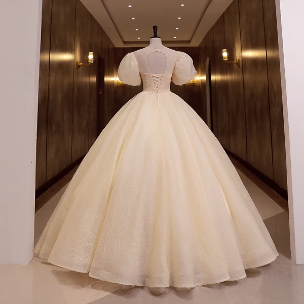 Elegant Champagne Pearl Lace Flower Prom Dresses 2022 Ball Gown Scoop Neck Puffy Short Sleeve Backless Floor-Length / Long Formal Dresses