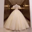 Elegant Champagne Pearl Lace Flower Prom Dresses 2022 Ball Gown Scoop Neck Puffy Short Sleeve Backless Floor-Length / Long Formal Dresses