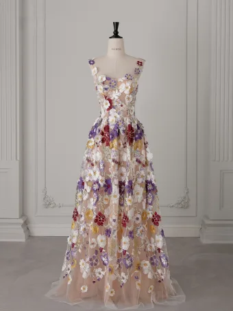 Fée Des Fleurs Multi Couleurs En Dentelle Fleur Appliques Robe De Bal 2025 Princesse Bretelles Spaghetti Sans Manches Dos Nu Longue Robe De Ceremonie
