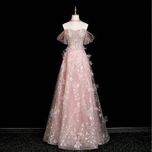 Blomsterfe Rødmende Rosa Glitter Rhinestone Perle Appliques Ballkjoler 2025 Prinsesse Av Skulderen Korte Ermer Ryggløse Lange Formelle Kjoler