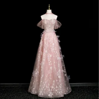Flower Fairy Blushing Pink Glitter Rhinestone Pearl Appliques Prom Dresses 2025 A Line Princess Off The Shoulder Short Sleeve Backless Floor Length Long Formal Dresses