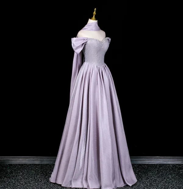 Charmant Lavendel Strass Pailletten Ballkleider 2026 A Linie Off Shoulder Kurze Ärmel Rückenfreies Lange Festliche Kleider