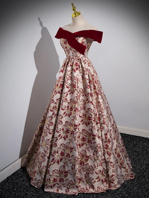 Elegant Burgundy Printing Prom Dresses 2023 A-Line / Princess Off-The-Shoulder Sleeveless Backless Floor-Length / Long Prom Formal Dresses