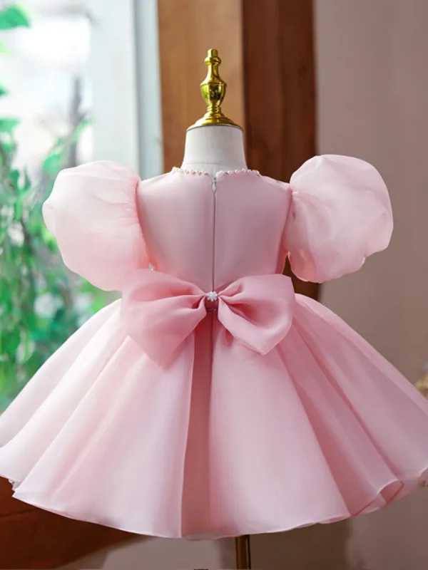 Lovely Blushing Pink Birthday Pearl Flower Girl Dresses 2023 Ball Gown Scoop Neck Puffy Short Sleeve Bow