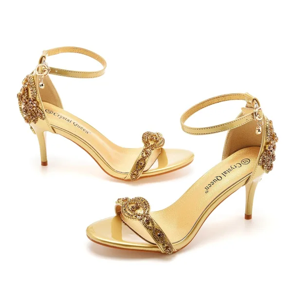 Sexy Champagne Evening Party Rhinestone Womens Sandals 2023 Ankle Strap 7 cm Stiletto Heels Open / Peep Toe Sandals High Heels