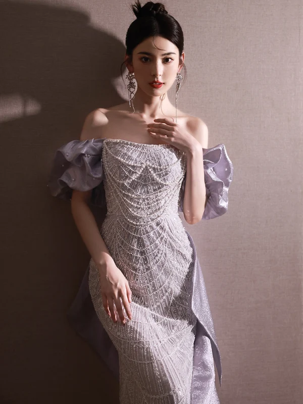 Sexy Lavendel Perlenstickerei Perle Abendkleider 2024 Meerjungfrau Off Shoulder Kurze Ärmel Rückenfreies Schleife Sweep / Pinsel Zug Abend Festliche Kleider