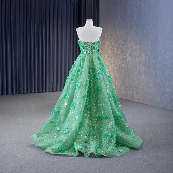 High-end Green Beading Appliques Sequins Prom Dresses 2023 A-Line / Princess Spaghetti Straps Sleeveless Backless Floor-Length / Long Prom Formal Dresses