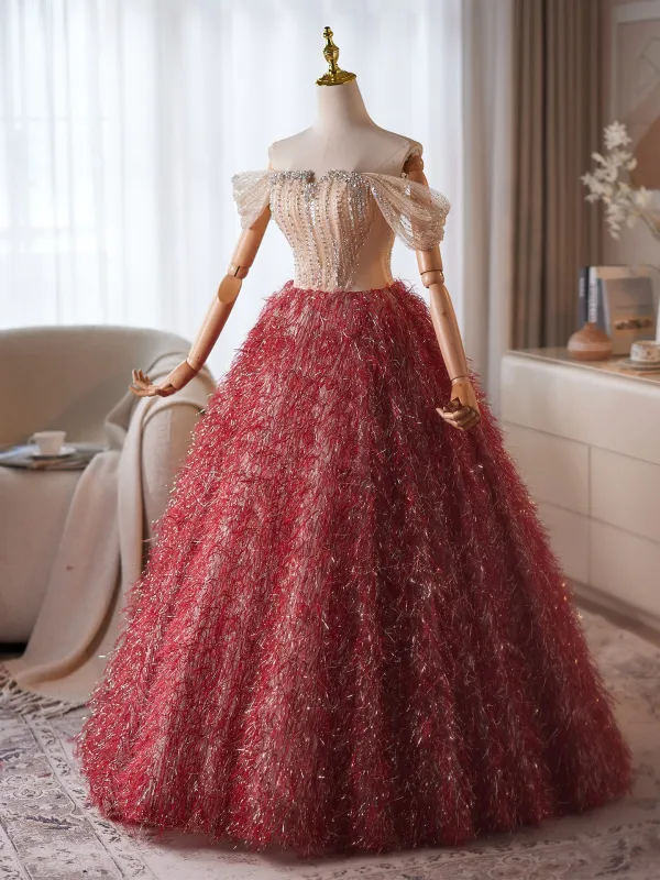 Fashion Red Beading Sequins Tassel Prom Dresses 2026 Ball Gown Off The  Shoulder Short Sleeve Backless Floor Length Long Formal Dresses