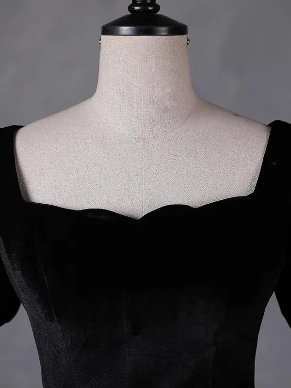Vintage / Retro Black Glitter Velvet Prom Dresses 2023 Ball Gown Square Neckline Short Sleeve Backless Floor-Length / Long Prom Formal Dresses