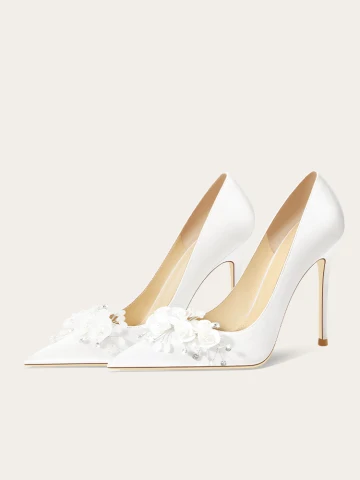 Elegancka Białe Rhinestone Aplikacje Buty Ślubne 2024 Skórzany 10 Cm Szpilki Szpiczaste Ślub Czółenka Wysokie Obcasy