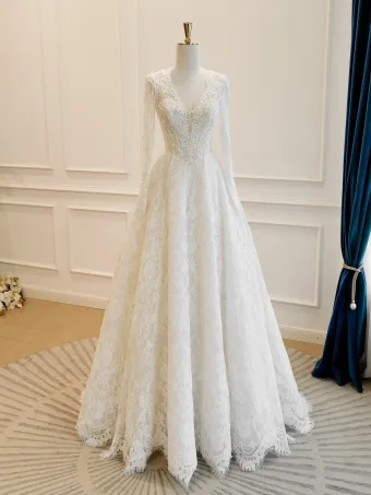 Luxury Gorgeous Elegant Ivory Handmade Beading Pearl Sequins Lace Flower Wedding Dresses 2026 A Line Princess V Neck Long Sleeve Backless