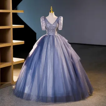 Bling Bling Elegant Ocean Blue Sequins Prom Dresses 2023 Ball Gown V Neck Short Sleeve Backless Floor Length Long Prom Formal Dresses
