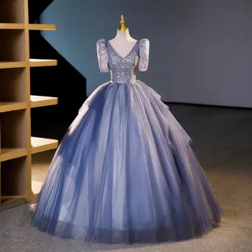 Bling Bling Élégant Océan Bleu Paillettes Robe De Bal 2023 Robe Boule V Cou Manches Courtes Dos Nu Longue Promo Robe De Ceremonie