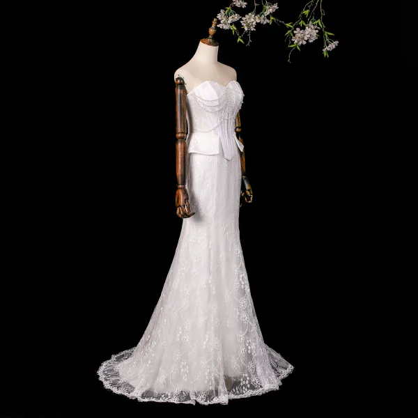 Vintage / Retro High-end White Pearl Lace Flower Wedding Dresses 2026 Trumpet / Mermaid Strapless Sleeveless Backless Sweep Train Wedding