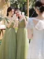 Modest / Simple Sage Green Bow Bridesmaid Dresses 2022 A-Line / Princess Short Sleeve Backless Floor-Length / Long Bridesmaid Wedding Party Dresses