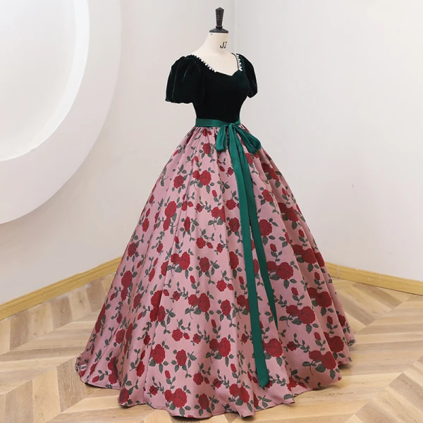 Chic / Belle Vert Foncé Impression Robe De Bal 2022 Robe Boule Encolure Carrée Manches Courtes Dos Nu Noeud Ceinture Longue Promo Robe De Ceremonie