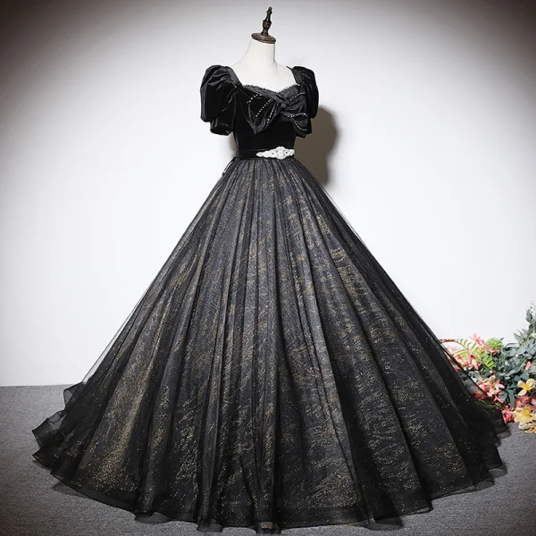 Élégant Noire Glitter Robe De Bal 2023 Robe Boule Encolure Carrée Faux Diamant Manches Courtes Dos Nu Noeud Longue Promo Robe De Ceremonie