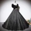 Élégant Noire Glitter Robe De Bal 2023 Robe Boule Encolure Carrée Faux Diamant Manches Courtes Dos Nu Noeud Longue Promo Robe De Ceremonie