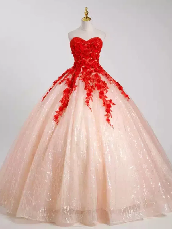 Chic / Beautiful Champagne Beading Lace Flower Appliques Prom Dresses 2024 Ball Gown Strapless Sleeveless Backless Floor-Length / Long Prom Formal Dresses