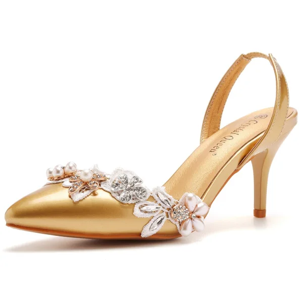 Charming White Pearl Rhinestone Lace Flower Wedding Shoes 2023 7 cm Stiletto Heels Pointed Toe Wedding Sandals High Heels