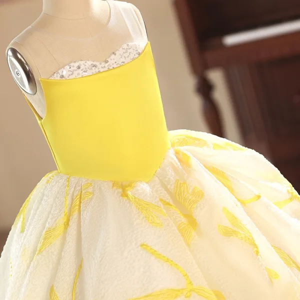 Chic / Beautiful Yellow Sequins Birthday Flower Girl Dresses 2025 Ball Gown Strapless Sleeveless Backless Floor-Length / Long