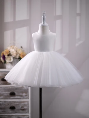 Simple Blanche Courte Anniversaire Robe Ceremonie Fille 2024 Robe Boule Encolure Dégagée Sans Manches Dos Nu Noeud