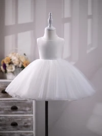 Sencillos Blanco Cortos Cumpleaños Vestidos para niñas 2024 Ball Gown Scoop Escote Sin Mangas Sin Espalda Bowknot