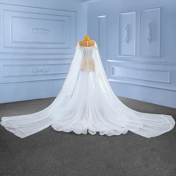 Elegant High-end White Beading Pearl Wedding Dresses 2023 Trumpet / Mermaid Scoop Neck Short Sleeve Royal Train Wedding
