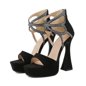 Ongebruikelijk Zwarte Rhinestone Feest Damesschoenen 2022 13 Cm Naaldhakken Stiletto Peep Toe Sandalen Hoge Hakken