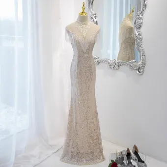 Charmant Argenté Perlage Gland Paillettes En Dentelle Fleur Robe De Soirée 2023 Trompette Sirène Col Haut Sans Manches Longue Soirée Robe De Ceremonie