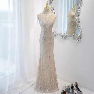 Encantador Plata Rebordear Tassel Lentejuelas Con Encaje Flor Vestidos De Noche 2023 Trumpet Mermaid Cuello Alto Sin Mangas Largos Noche Vestidos Formales